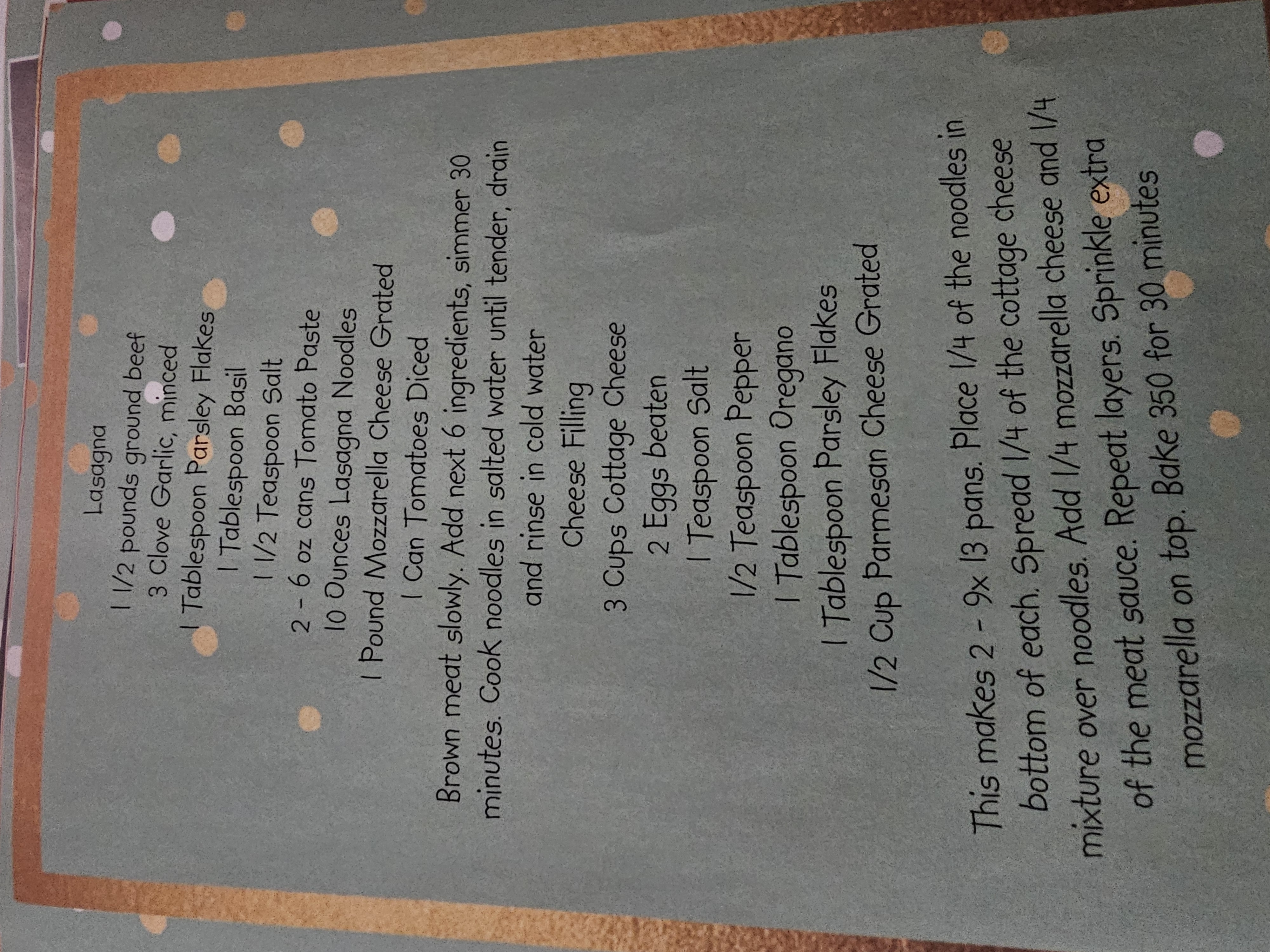 Lasagna recipe card